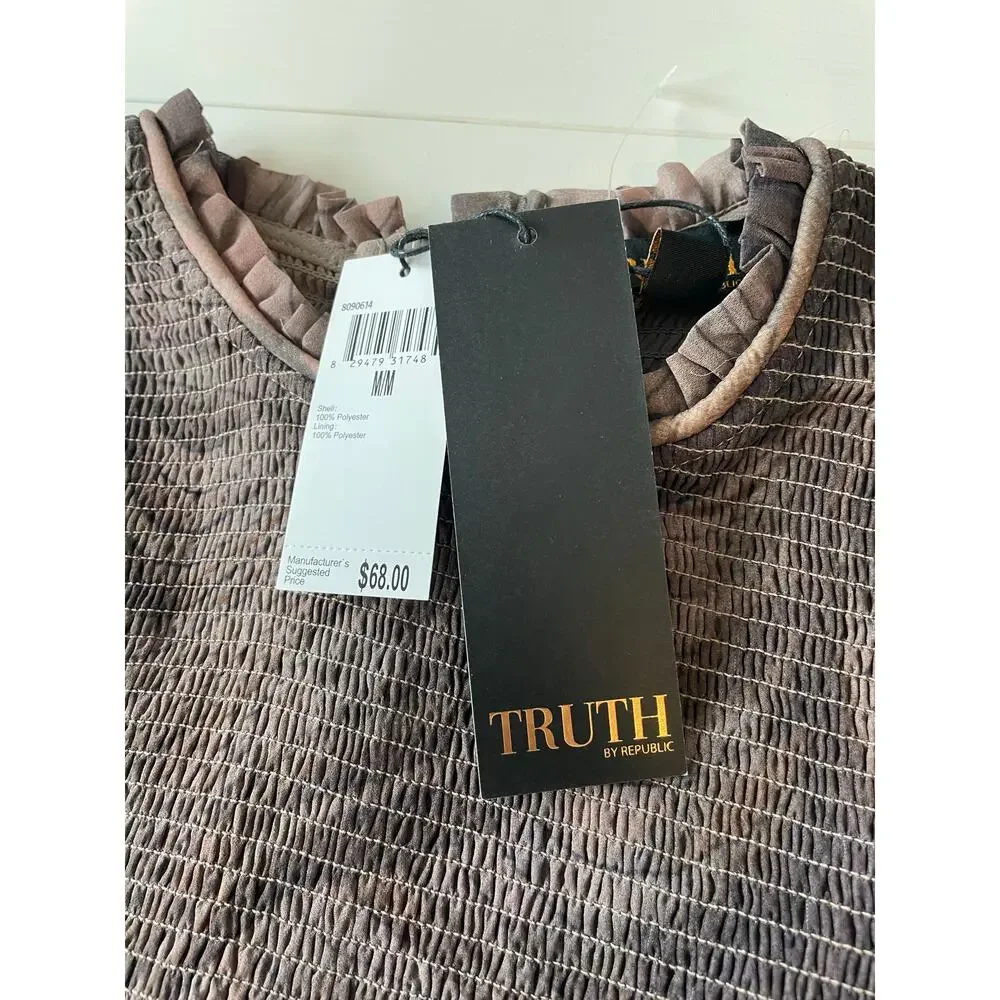 Truth By Republic NWT *FLAW* Smocked Blouse Top Sz M Sheer Long Sleeves Brown - Picture 5 of 14